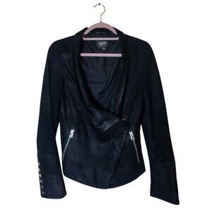 Lamarque Olivia Black Suede Leather Moto Biker Jacket Small Drape front